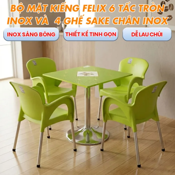 Combo Mặt kiếng Felix 6 Tấc Tròn In 4D - Chân mâm 1 Trụ Inox + 4 Ghế SAKE Chân Inox