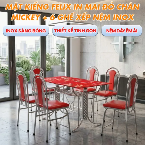 Bộ Bàn Mặt Kiếng Felix In 4D - Chân Mickey Inox + 6 Ghế Xếp Nệm Inox WIN 6