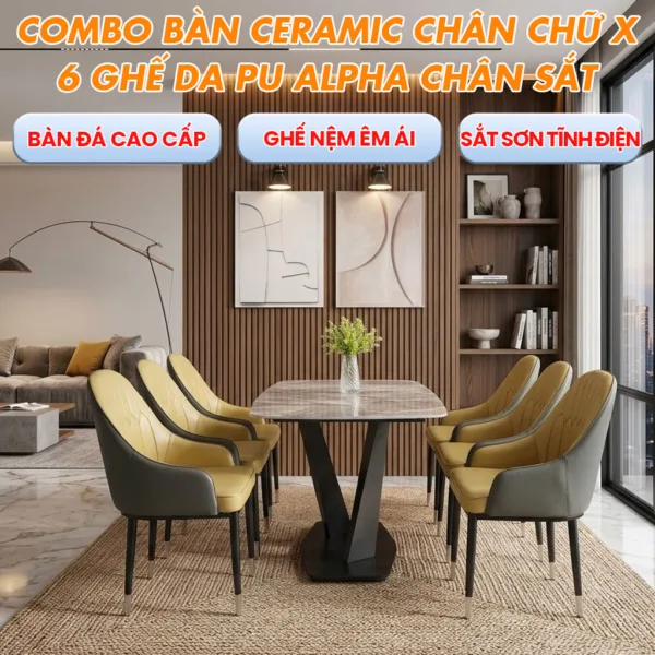 Combo Bàn Ceramic Chân Chữ X + 6 Ghế Da PU Alpha Chân Sắt