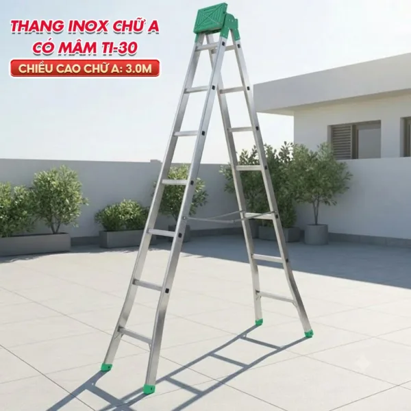 [Inox - Chữ A 3.0m] Thang Inox Mâm Chữ A Phổ Thông TI-30 - Loại Dày Cứng Cáp