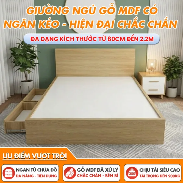Giường Ngủ Gỗ MDF Có Ngăn Kéo - Hiện Đại Chắc Chắn