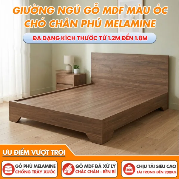 Giường Ngủ Gỗ MDF Màu Óc Chó Chân Phủ Melamine