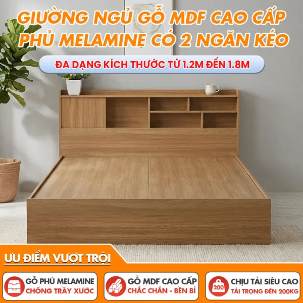 Giường Ngủ Gỗ MDF Cao Cấp Có 2 Ngắn Kéo Sang Trọng