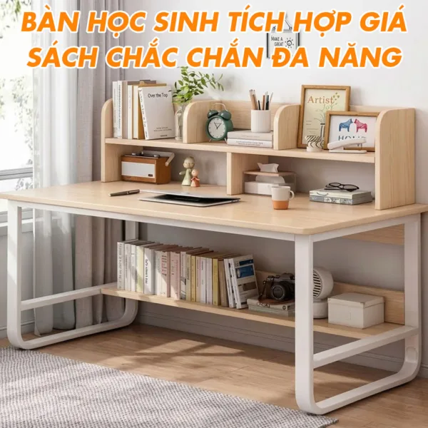 Bàn Học Sinh Tích Hợp Giá Sách Chắc Chắn Đa Năng Gỗ MDF Bền Đẹp - Màu Trắng Kem