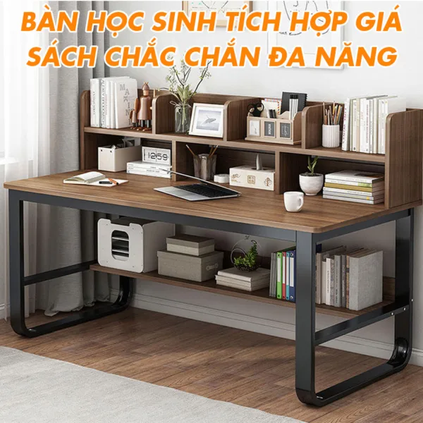 Bàn Học Sinh Tích Hợp Giá Sách Chắc Chắn Đa Năng Gỗ MDF Bền Đẹp - Màu Nâu Đen
