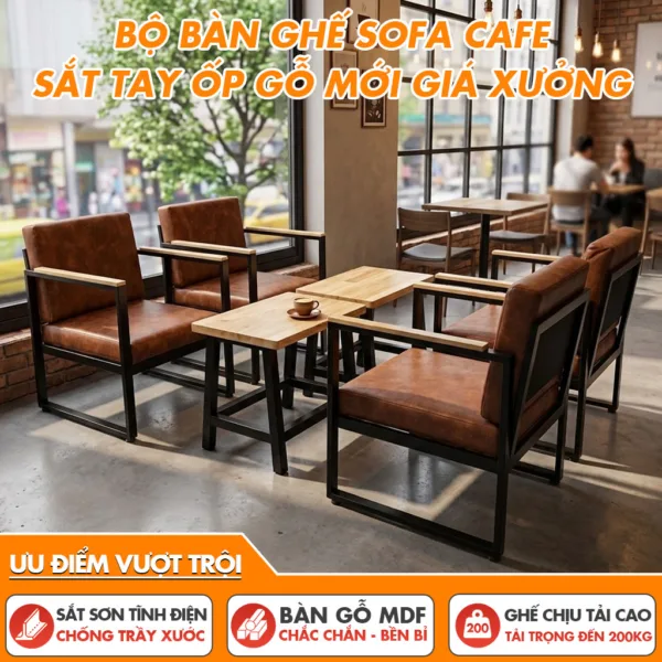 Bộ Bàn Ghế Cafe Sắt Tay Ốp Gỗ Mới - Khung Sắt Xịn Xò