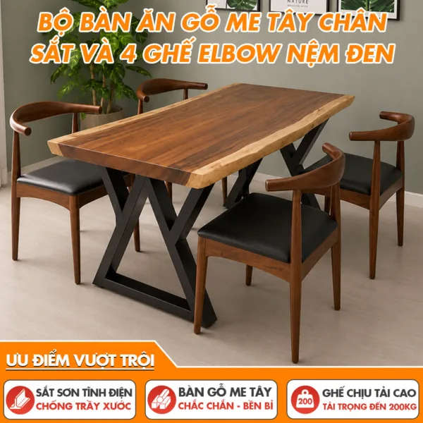 Bàn Ăn 4 Ghế (Chân Sắt Kim Cương) + Ghế Elbow Nệm Đen