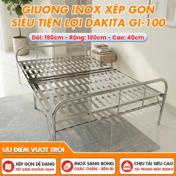 [Rộng 100cm - Khung Inox] Giường Inox Xếp Gọn Siêu Tiện Lợi Thương Hiệu DAKITA GI-100