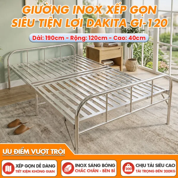 [Rộng 120cm - Khung Inox] Giường Inox Xếp Gọn Siêu Tiện Lợi Thương Hiệu DAKITA GI-120
