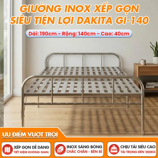 [Rộng 140cm - Khung Inox] Giường Inox Xếp Gọn Siêu Tiện Lợi Thương Hiệu DAKITA GI-140