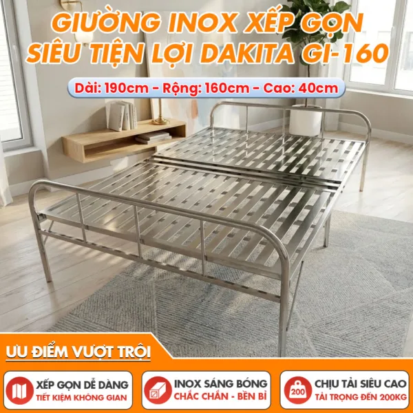 [Rộng 160cm - Khung Inox] Giường Inox Xếp Gọn Siêu Tiện Lợi Thương Hiệu DAKITA GI-160