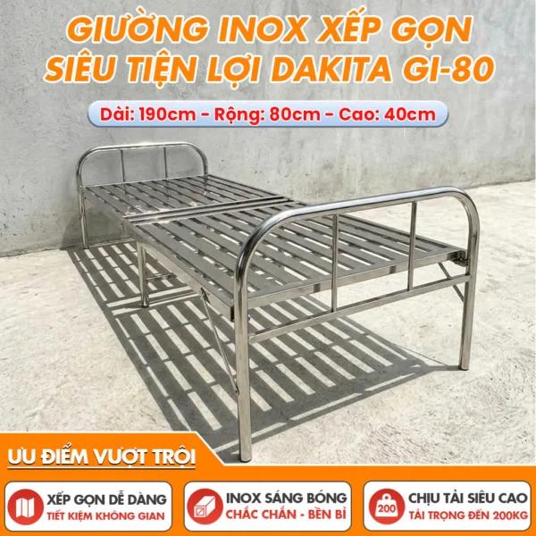 [Rộng 80cm - Khung Inox] Giường Inox Xếp Gọn Siêu Tiện Lợi Thương Hiệu DAKITA GI-80