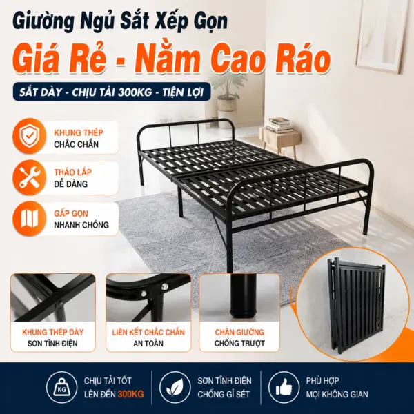 [Rộng 0.8m, 1m, 1.2m] Giường Sắt Xếp Gọn Thương Hiệu DAKITA [THÉP DÀY]