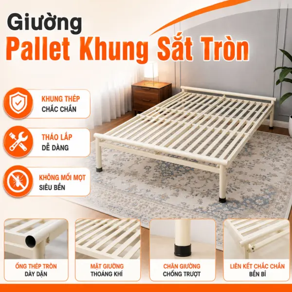 Giường Sắt Ống Tròn Pallet Độc Đáo – Giải Pháp Tiết Kiệm Không Gian