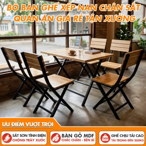Bộ Bàn Ghế Xếp Nan Khung Sắt Gỗ Dành Cho Quán Ăn Quán Cà Phê