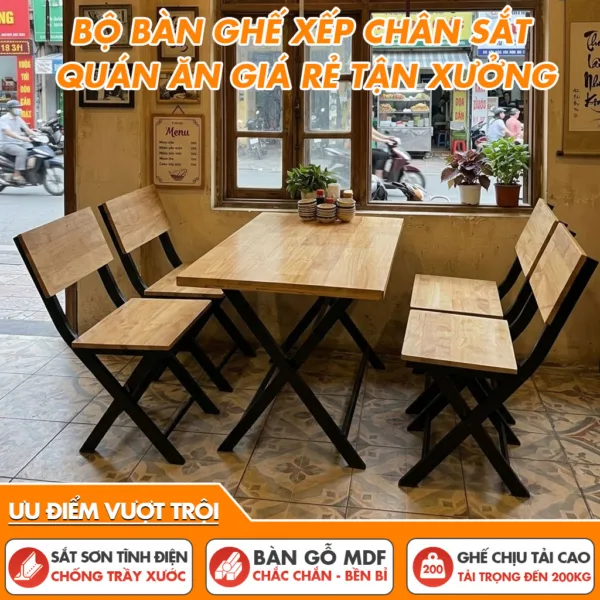 Bộ Bàn Ghế Xếp Khung Sắt Gỗ Dành Cho Quán Ăn Quán Cà Phê Giá Xưởng