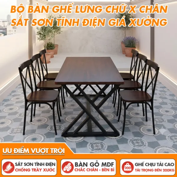 Bộ Bàn Ghế Lưng Chữ X Chân Sắt Sơn Tĩnh Điện Giá Tận Xưởng