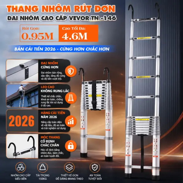 Thang Nhôm Rút Đơn Đai Nhôm Cao Cấp Vevor TN-146 Cao 4.6m [HÀNG CẢI TIẾN 2026]