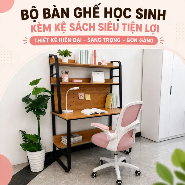 Bộ Bàn Ghế Học Sinh, Làm Việc Kèm Kệ Sách Siêu Tiện Lợi Thương Hiệu DAKITA