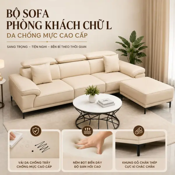 Bộ Sofa Phòng Khách Chữ L Da Chống Mực Cao Cấp - Sang Trọng Bền Đẹp