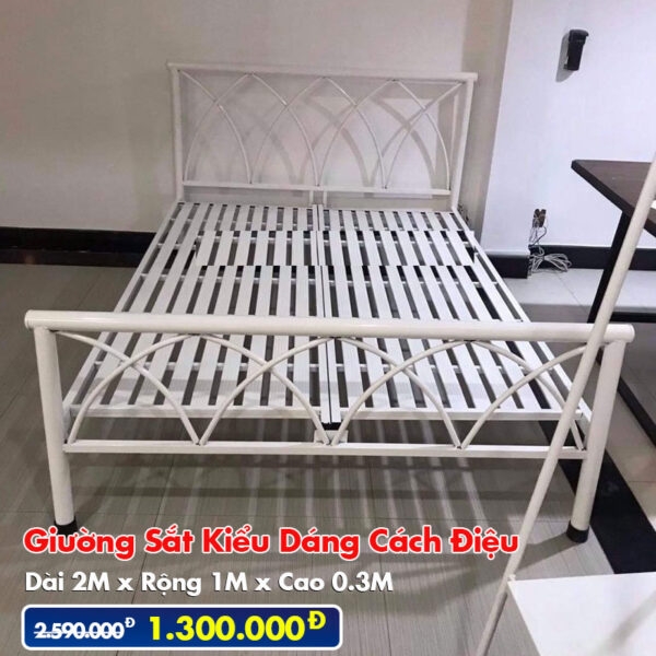 [Rộng 1m] Giường Sắt Kiểu Cách Điệu DAKITA Trắng Kem